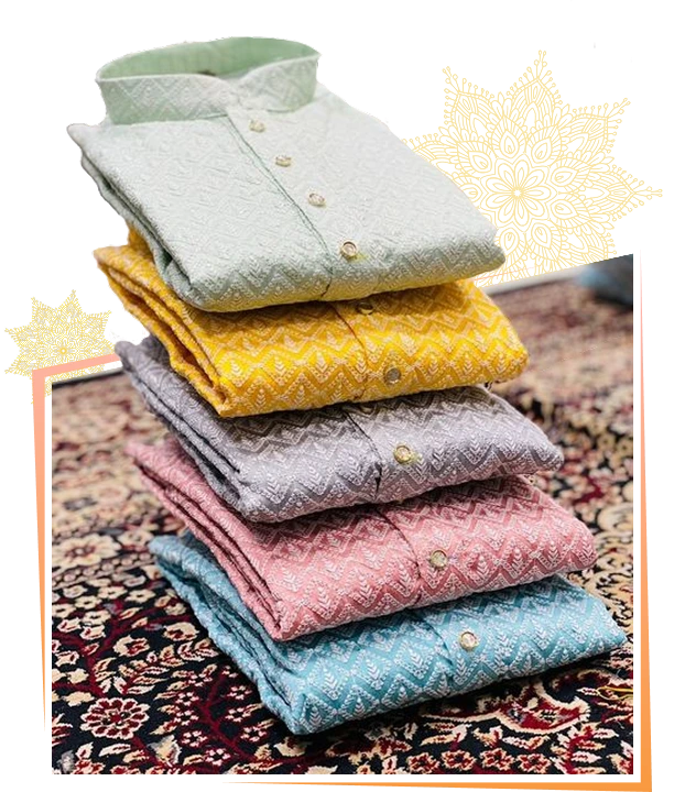 Stack of colorful Kurtas showing different patterns and designs